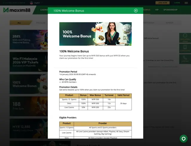 Jadual bonus alu-aluan 100% Maxim88 untuk sukan, slot dan live casino