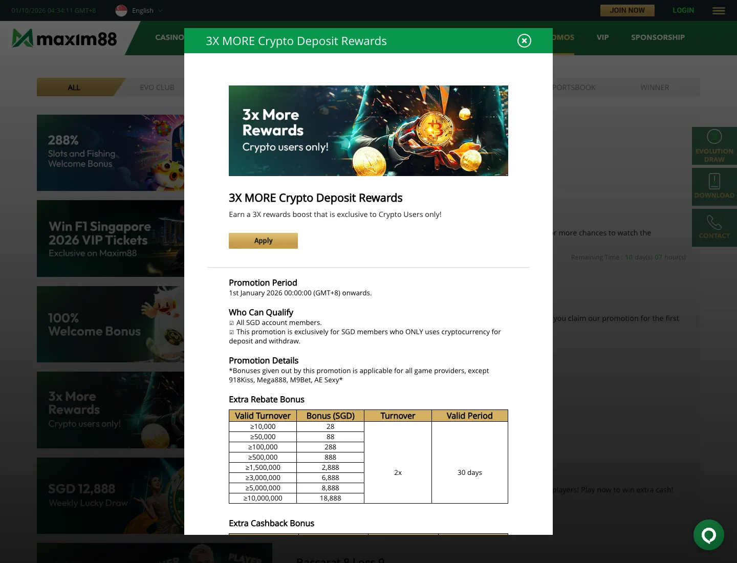 Maxim88 3X More Crypto Deposit Rewards terms