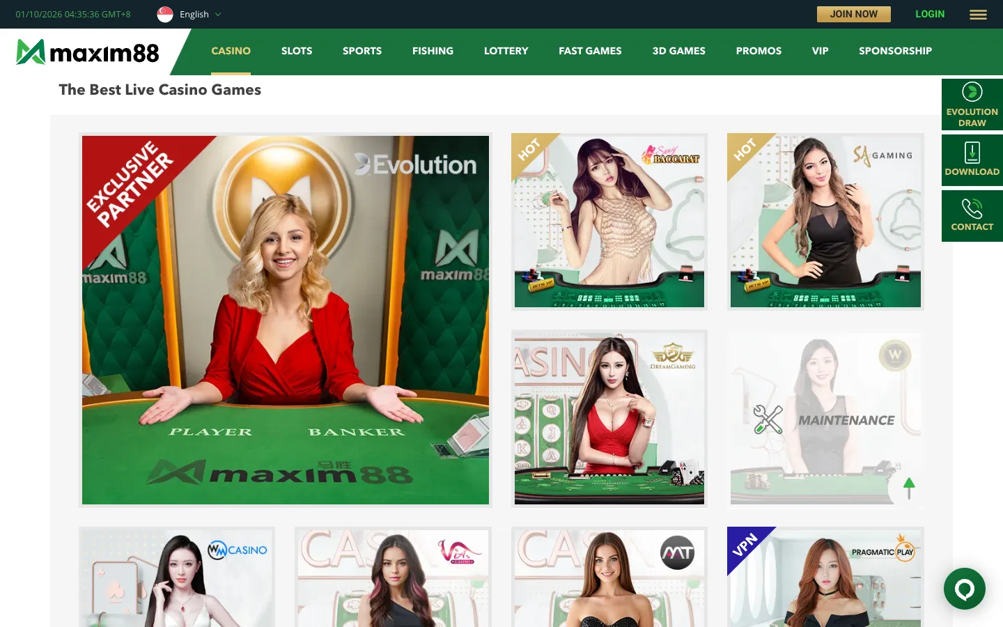 Maxim88 Singapore live casino studios