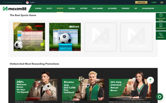 Maxim88 Singapore sports page with M9Bet and CMD368