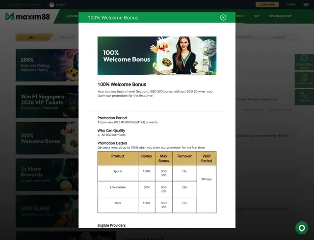 Maxim88 100% welcome bonus table for sports, live casino and slots in SGD