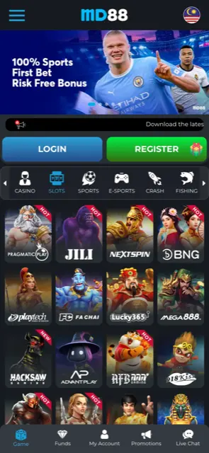 Skrin utama laman mudah alih MD88 dengan butang log masuk, daftar dan pembekal slot