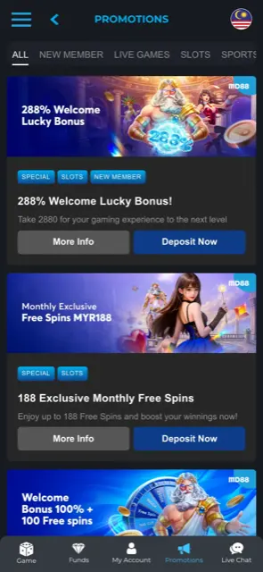 Halaman promosi mudah alih MD88 dengan 288% Welcome Lucky Bonus
