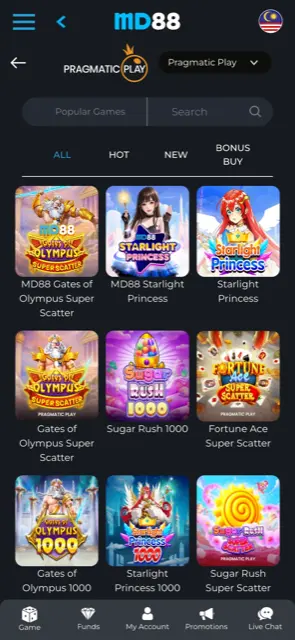 Lobi Pragmatic Play mudah alih MD88 dengan slot Gates of Olympus dan Starlight Princess berjenama MD88