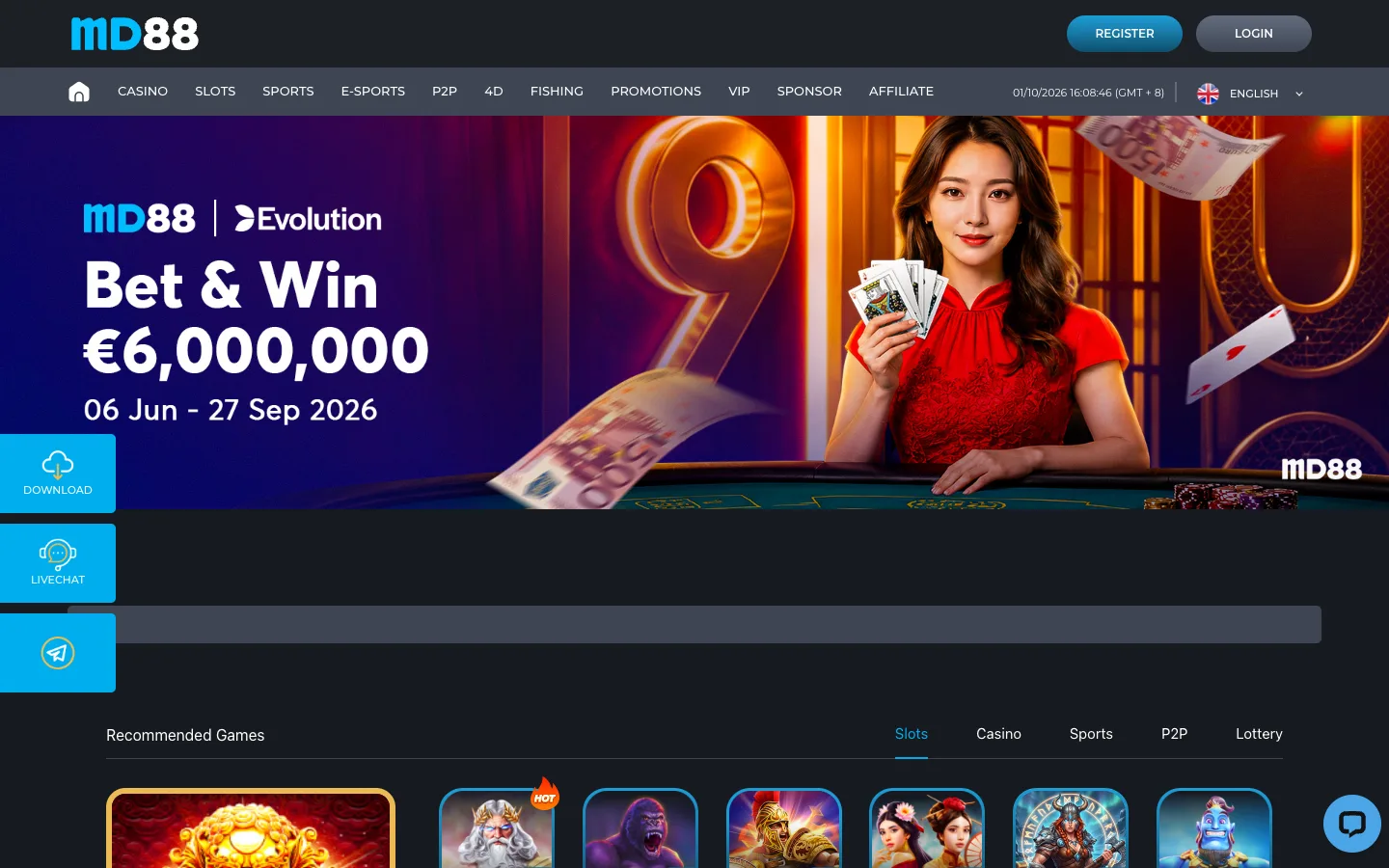 Laman utama MD88 Malaysia di desktop dengan banner promosi Evolution dan slot pilihan