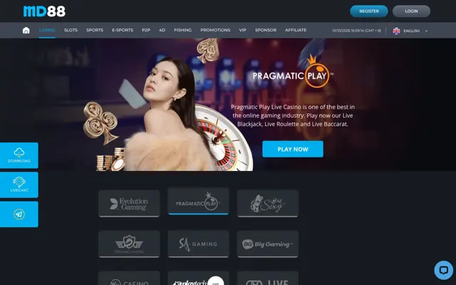 Halaman live casino MD88 dengan Evolution, Pragmatic Play, Sexy Baccarat, Dream Gaming, SA Gaming dan Big Gaming