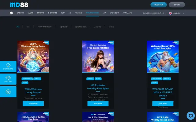 Halaman promosi MD88 dengan bonus alu-aluan 288%, free spins bulanan dan tawaran 100% + 100 free spins