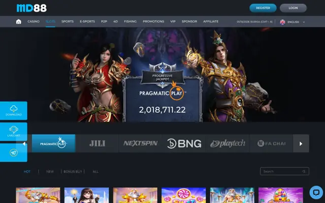 Halaman slot MD88 dengan jackpot progresif Pragmatic Play dan karusel pembekal