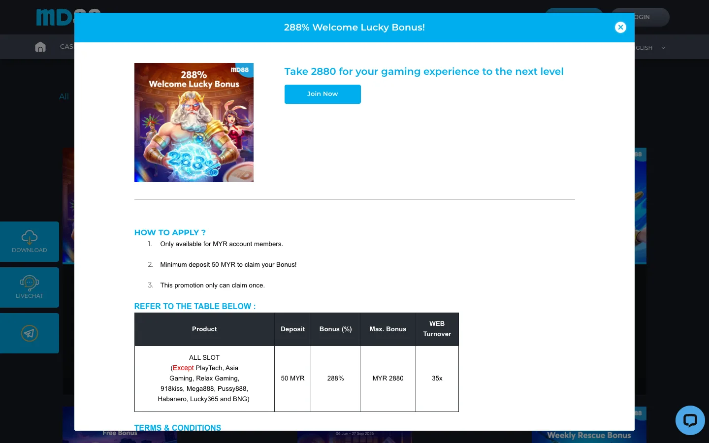 Terma 288% Welcome Lucky Bonus MD88