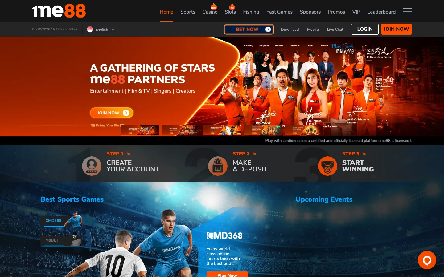 me88 Singapore homepage with partner banner, sign-up steps and CMD368 sportsbook