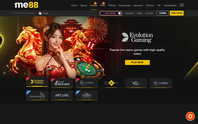 me88 live casino page with Evolution, Sexy Baccarat, SA Gaming, WM Casino and Pragmatic Play