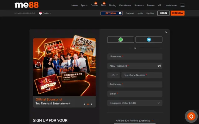 me88 sign-up form with WhatsApp and Telegram options and SGD currency