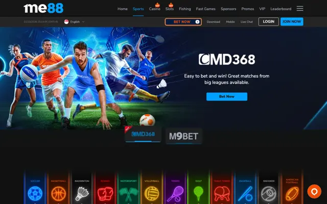 me88 sportsbook page with CMD368 and M9BET and 12 sports categories