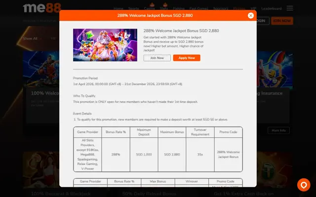 me88 288% Welcome Jackpot Bonus terms showing SGD 50 minimum deposit, SGD 2,880 maximum bonus and 35x turnover