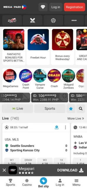 Megapari mobile site with promo tiles, MegaGames, live odds and a bottom menu