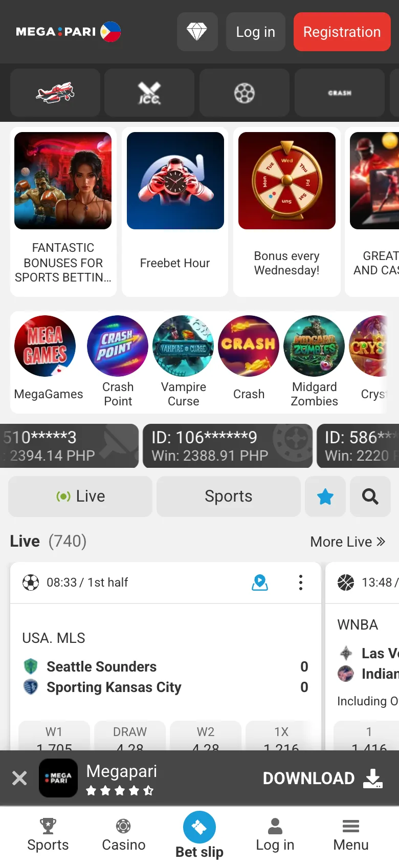 Megapari mobile site home screen
