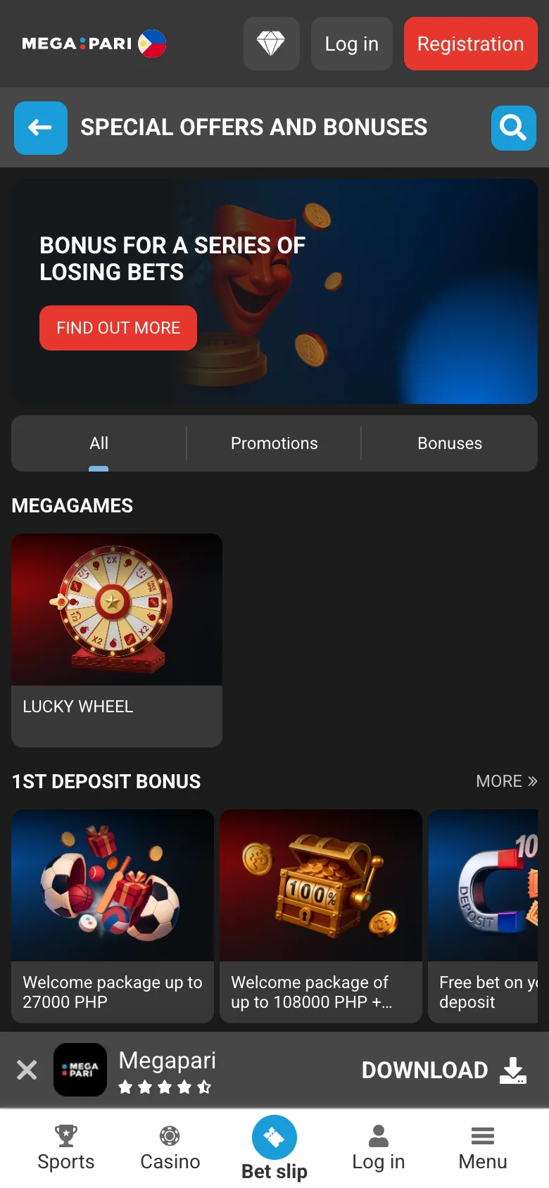 Megapari mobile bonuses page with PHP welcome packages