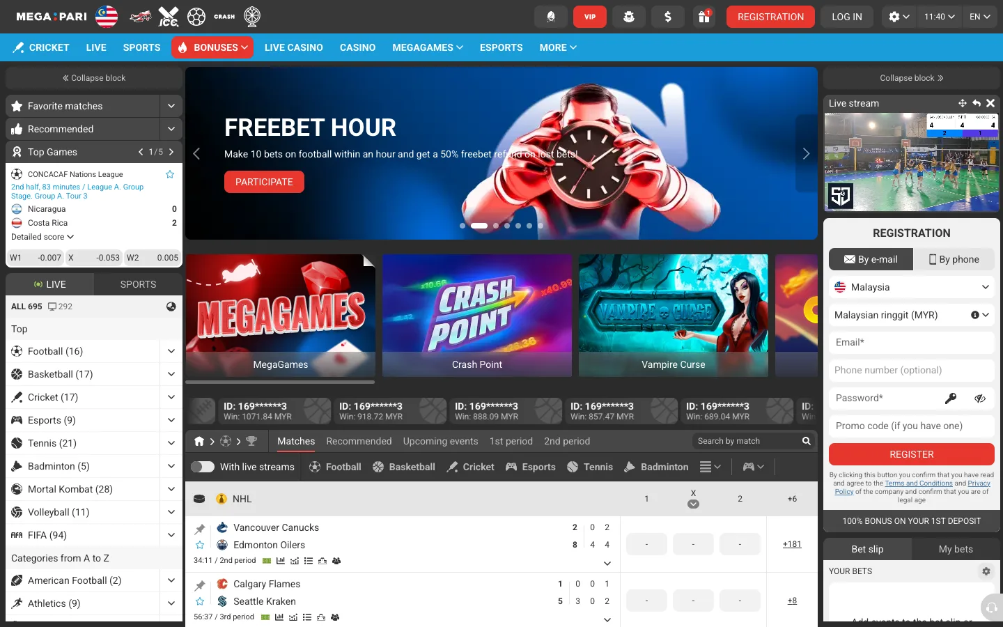 Laman utama Megapari dari Malaysia dengan bendera Malaysia, MegaGames dan borang pendaftaran ditetapkan kepada Malaysia dan MYR