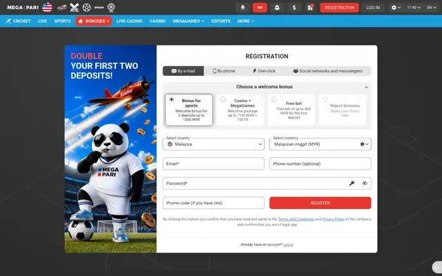Borang pendaftaran Megapari dengan pemilih bonus alu-aluan: sukan RM1,000, Casino + MegaGames RM7,160 + 150 FS, free bet atau tolak bonus