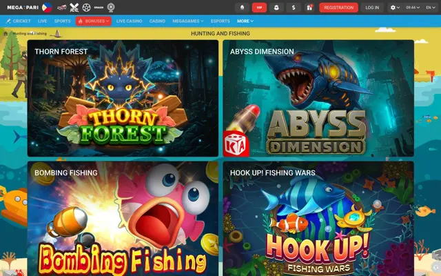 Megapari Hunting and Fishing lobby with Thorn Forest, Abyss Dimension and Bombing Fishing