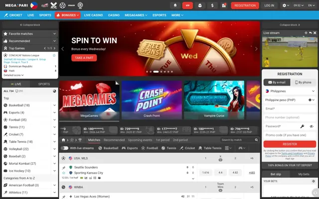 Megapari Philippine homepage with the Spin to Win banner, MegaGames and a sign-up box preset to Philippines and PHP