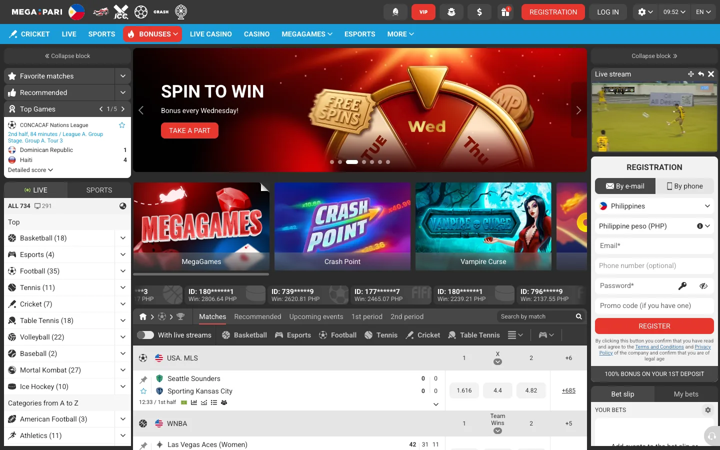 Megapari Philippine homepage with the Spin to Win banner, MegaGames and a sign-up box preset to Philippines and PHP