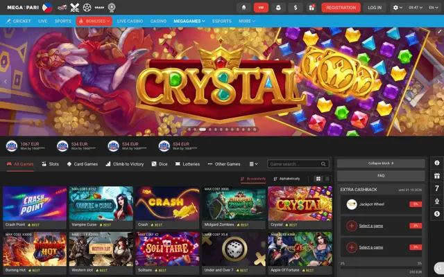 Megapari MegaGames lobby with Crystal, Crash Point and Vampire Curse