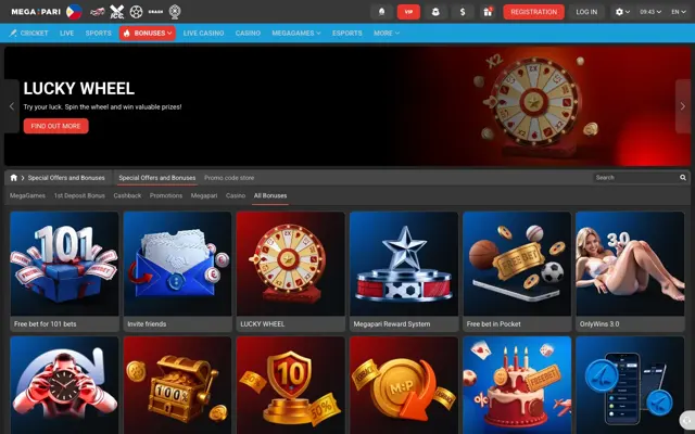 Megapari promotions page with Lucky Wheel, Free bet for 101 bets, Reward System and more