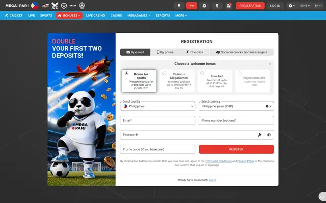 Megapari registration form with the welcome bonus chooser: sports, Casino + MegaGames, free bet or reject