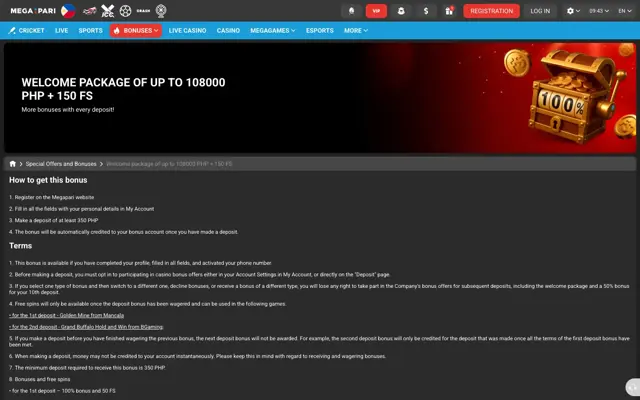 Megapari casino welcome package page: up to 108000 PHP + 150 FS with terms
