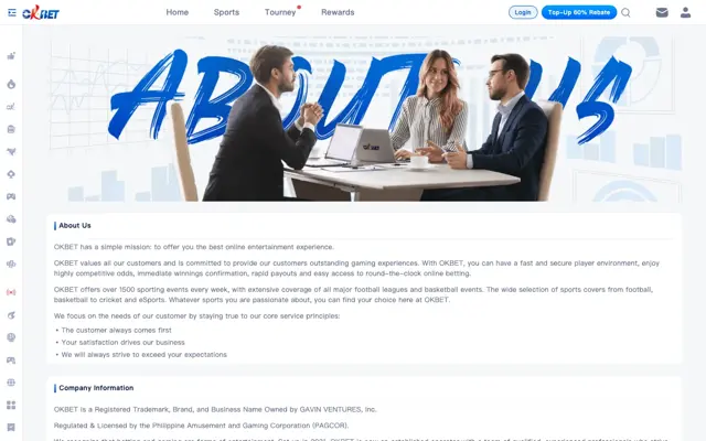 OKBet About Us page naming Gavin Ventures, Inc. and the PAGCOR licence