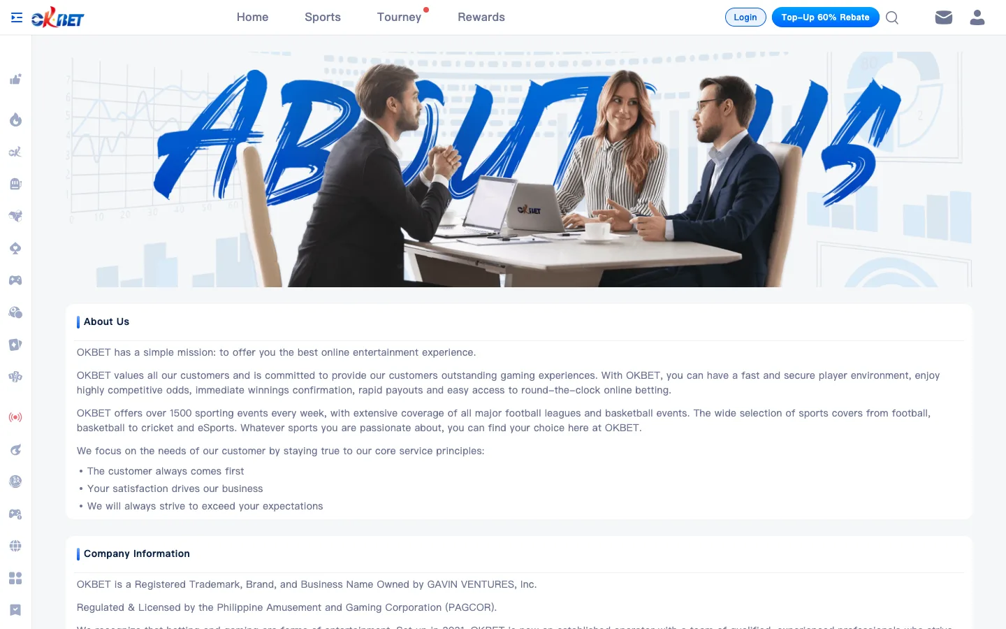 OKBet About Us page naming Gavin Ventures, Inc. and the PAGCOR licence