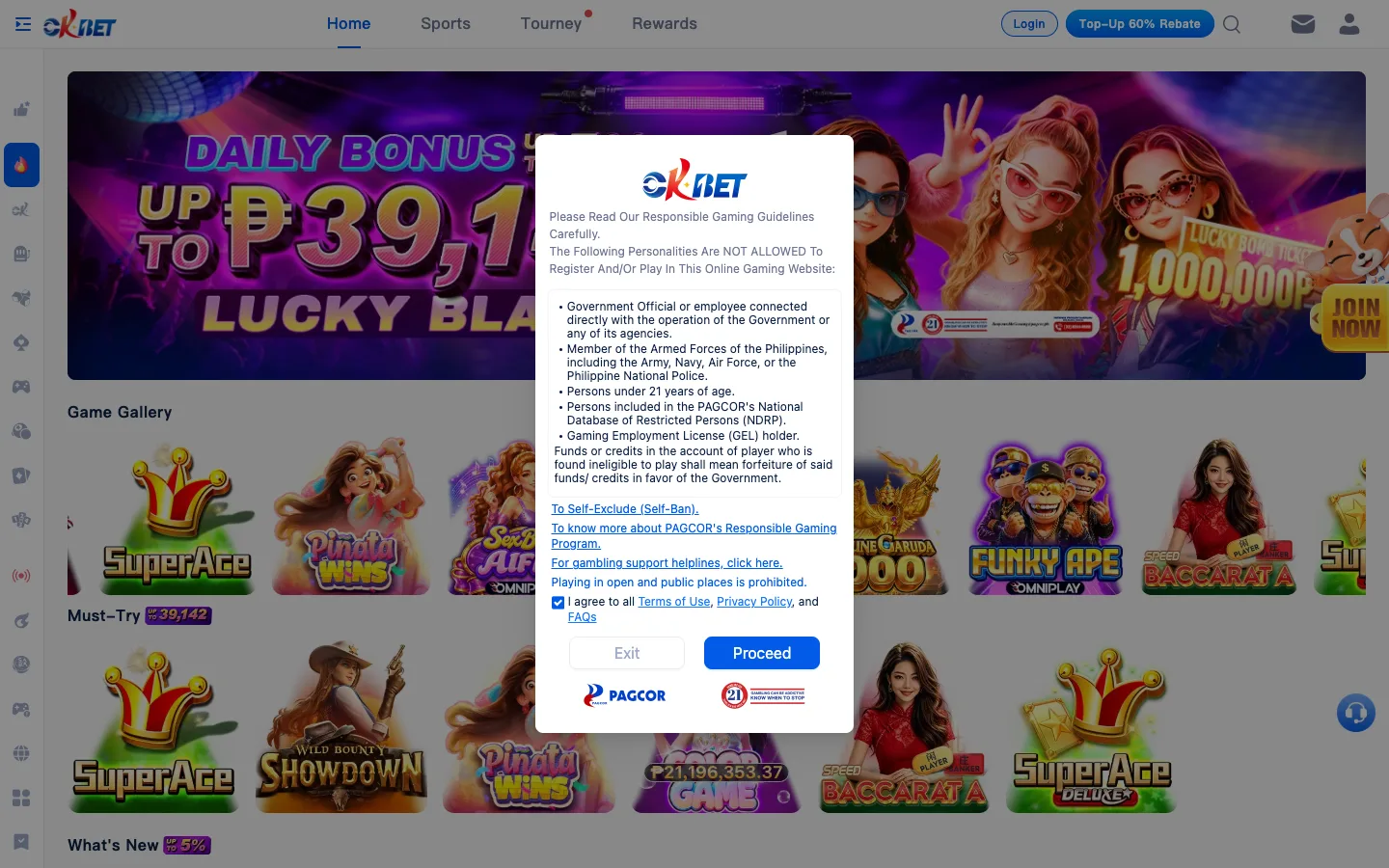 OKBet homepage with the Daily Bonus up to ₱39,142 banner, JILI Super Ace tiles and the PAGCOR eligibility notice