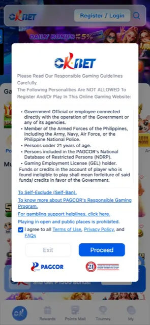 OKBet mobile site with Register / Login and the PAGCOR eligibility notice