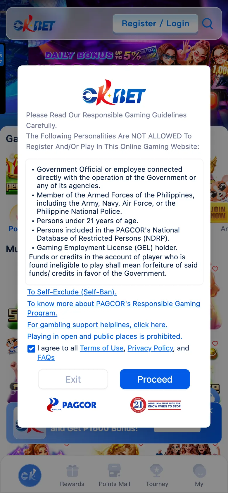 OKBet mobile site with Register / Login and the PAGCOR eligibility notice