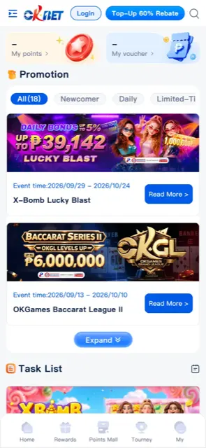 OKBet mobile Rewards page with My points, My voucher and the X-Bomb Lucky Blast promo