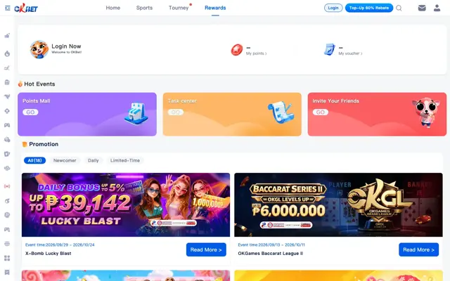 OKBet Rewards page with Points Mall, Task Center, Invite Your Friends and 18 promotions