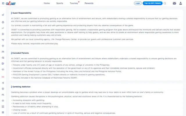 OKBet Responsible Gaming page with the excluded persons list