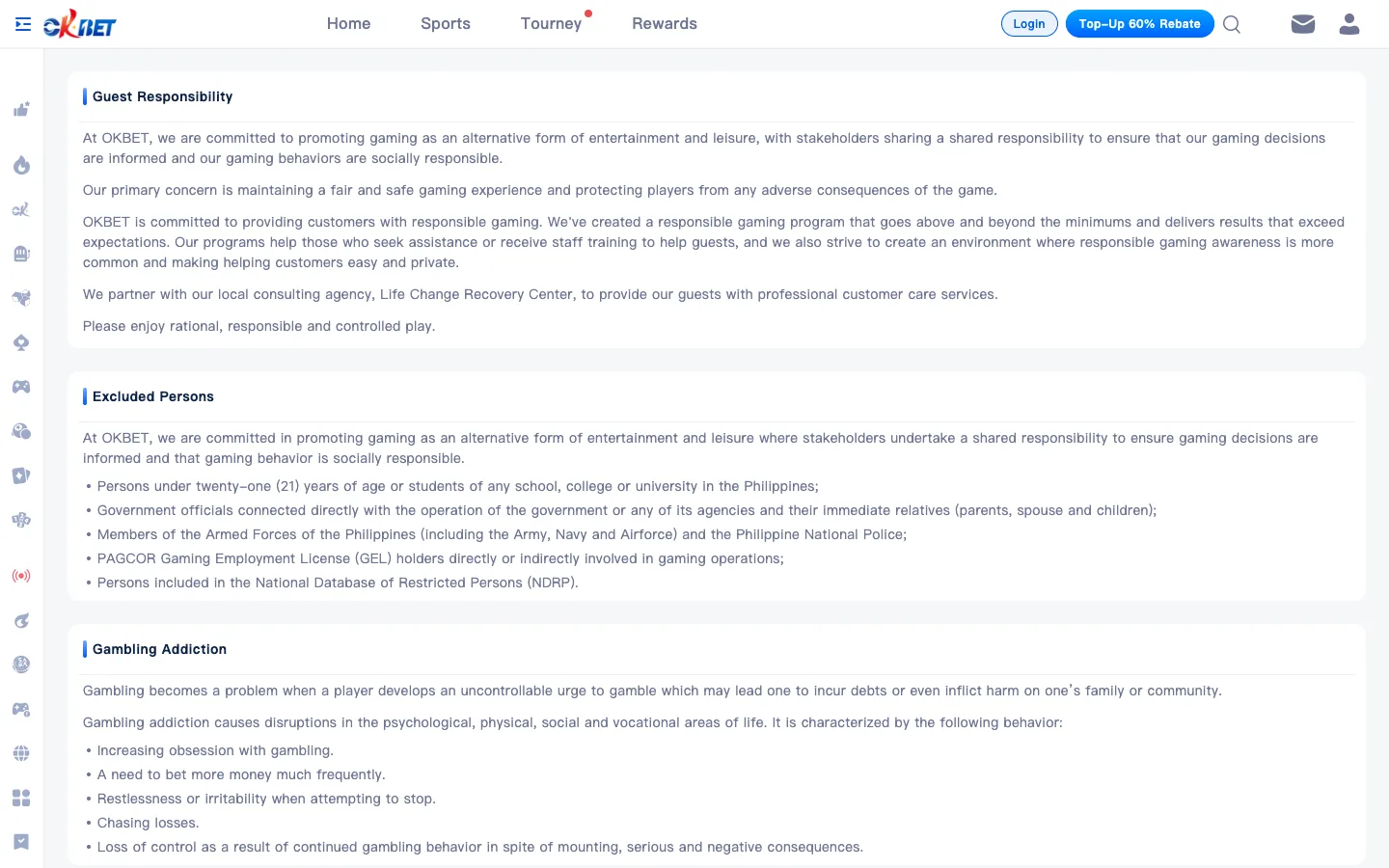 OKBet Responsible Gaming page with the excluded persons list