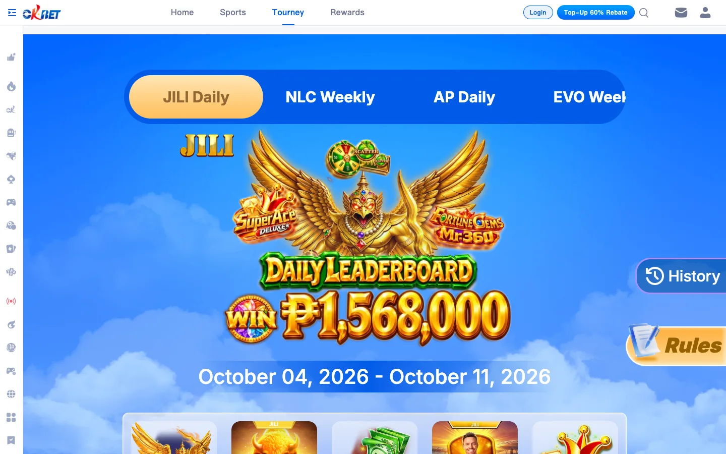 OKBet Tourney page with the JILI Daily Leaderboard and its ₱1,568,000 prize pool