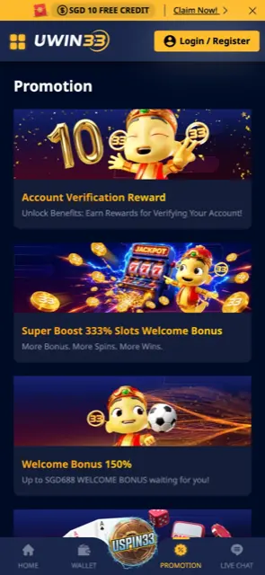 UWIN33 Singapore promotions page on a phone