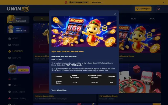 Terma Super Boost 333% Slots Welcome Bonus UWIN33, maksimum RM168 pada x35
