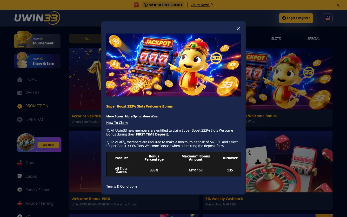Terma Super Boost 333% Slots Welcome Bonus UWIN33