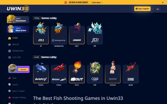 Lobi fishing dan arked UWIN33 dengan JILI, Spadegaming, Joker, JDB, Aviatrix dan Spribe