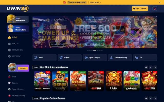 Laman utama UWIN33 Malaysia dengan bar free kredit RM10, banner Playtech dan slot popular