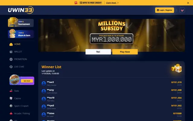 Halaman Millions Subsidy UWIN33 dengan tabung hadiah RM1,000,000 dan senarai pemenang