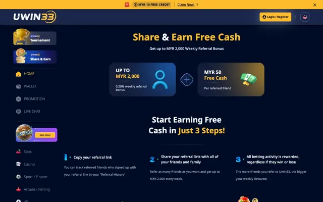 Halaman Share & Earn UWIN33: sehingga RM2,000 bonus rujukan mingguan dan RM50 tunai percuma setiap rakan