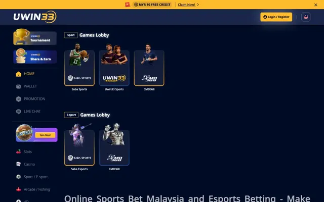 Lobi sportsbook UWIN33 dengan Saba Sports, Uwin33 Sports dan CMD368, serta esports Saba dan CMD368