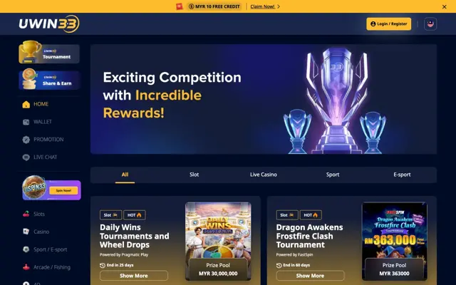 Halaman kejohanan UWIN33 dengan Daily Wins Pragmatic Play dan kejohanan Dragon Awakens FastSpin
