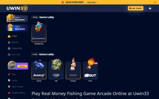 UWIN33 Singapore fishing and arcade lobby with Spadegaming, Aviatrix, CQ9, Hacksaw and InOut